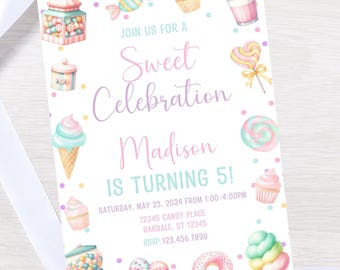 May include: A pastel-coloured invitation with the text "Sweet Celebration" and "Madison is turning 5!" surrounded by watercolour illustrations of sweets, cupcakes, and ice cream cones. Includes event details.
