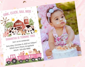 May include: A pink and green farm-themed birthday invitation for a girl turning two. The invitation features a cartoon farm scene with animals, a red barn, and a tractor. The text on the invitation reads "Oink, Cluck, BAA, Moo Samantha is turning two!" and includes details for the party, including the date, time, location, and RSVP information.