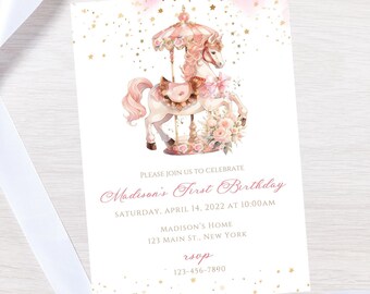 May include: Pink and gold first birthday invitation with a watercolor illustration of a carousel horse with a pink and white mane and tail. The text on the invitation reads "Please join us to celebrate Madison's First Birthday, Saturday, April 14, 2022 at 10:00 AM, Madison's Home, 123 Main St. New York, rsvp 123-456-7890".