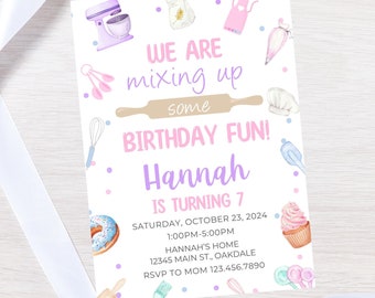 May include: A pink and purple birthday invitation with a baking theme. The invitation says "We are mixing up some birthday fun! Hannah is turning 7." It includes a date, time, and location for the party.