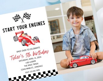 May include: A birthday party invitation with a checkered flag design. The invitation says "Start Your Engines" and "Race Over to Celebrate Tyler's 5th Birthday". The invitation includes a red race car and a photo of a boy holding a toy car.