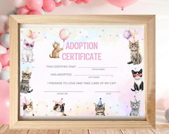 Certificado de adopción de gato editable - Fiesta de gatos - Fiesta de gatitos - Descarga instantánea