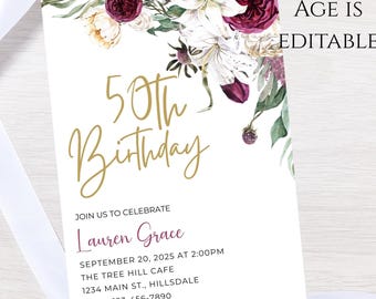 Burgundy floral Birthday invitation-fall theme party invite-any age invite-instant download