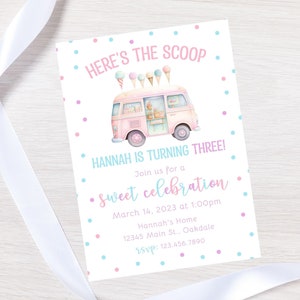Editable ice cream truck birthday invitation, ice cream party, heres the scoop invite