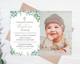 Greenery Baptism photo invitation-christening invite-neutral baptism invitation