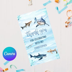 Editable shark theme thank you tag-birthday thank you tags-instant download