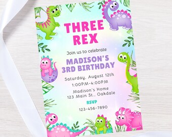 Editable pink dinosaur birthday invitation-instant download