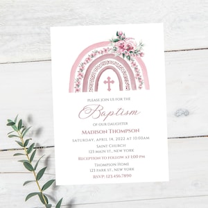 Pink rainbow Baptism invitation-rainbow baptism invite-christening invitation-instant download