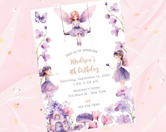May include: Purple and white fairy birthday party invitation with a watercolor illustration of three fairies, a mushroom house, and flowers. The text reads "Join us to celebrate Madison's 4th birthday, Saturday, September 14, 2024, 1:00-3:00 pm, Madison's Home, 123 Main St., New York, 123-456-7890".