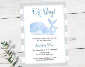 Whale Baby Shower invitation-baby shower invite-whale baby shower-baby boy invite-baby shower invite template-whale invite