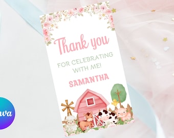 Editable pink Farm birthday thank you tag-instant download