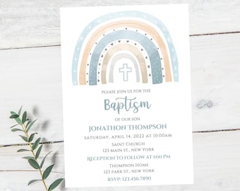 Rainbow baptism invitation-rainbow christening invite-blue baptism invite
