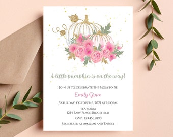 Pumpkin Baby Shower Invitation-pink pumpkin baby shower invite-instant download