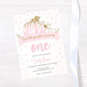 Editable Pink Pumpkin first Birthday Invitation-pumpkin party invite-instant download