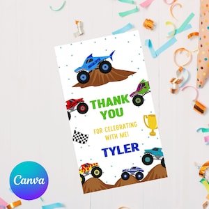 Bearbeitbare Monster-Truck-Dankeschön-Tag-Geburtstags-Anhänger-Truck-Geschenkanhänger