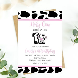 Cow birthday invitation template-pink cow party invite-girl invitation-instant download