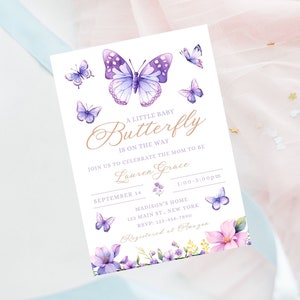 Invito modificabile per baby shower a forma di farfalla-invito per baby shower a forma di farfalla-invito a forma di fiore viola-download immediato