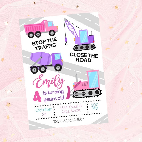 Construction birthday invitation-pink construction invite-girl construction birthday invite-construction invite-girl construction party