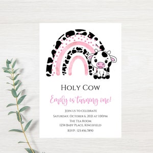 Cow birthday invite template-rainbow theme invitation-instant download