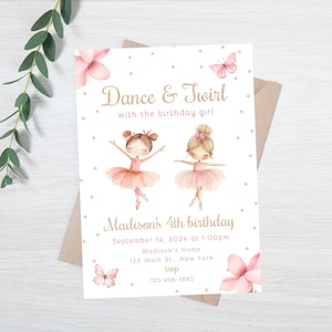 Ballerina-Geburtstags-Einladungsvorlage - Rosa Ballerina-Blumentanz-Einladung - Sofortiger Download, bearbeitbare Party einladen