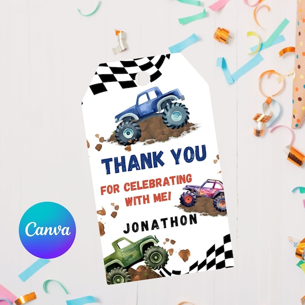 Editable monster truck thank you tag template-birthday thank you tags-birthday favor tags printable-thank you tag printable-monster truck