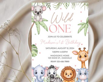 Editable girl safari birthday invitation-jungle animal party invite-safari animal party theme