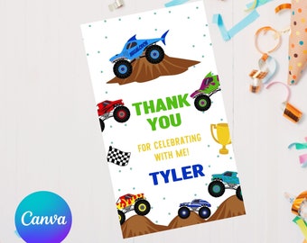 Editable monster truck thank you tag-birthday favor tags-truck gift tags