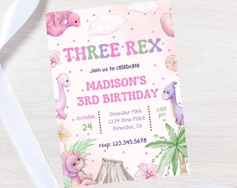 Editable girl dinosaur invitation-instant download