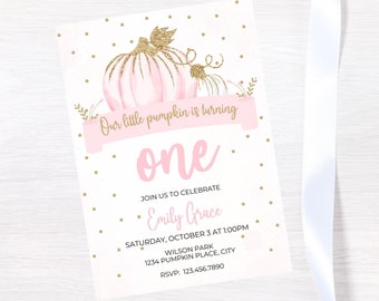 Editable Pink Pumpkin first Birthday Invitation-pumpkin party invite-instant download