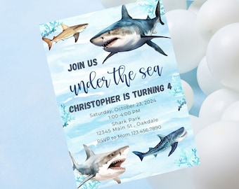 May include: A blue and white invitation with a watercolor background featuring sharks and coral. The text reads "Join us under the sea Christopher is turning 4" with details for the party including the date, time, location, and RSVP information.