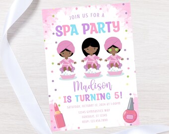 May include: Pink and purple spa party invitation with three cartoon girls wearing pink robes and towels. The invitation says "Join us for a Spa Party" and "Madison is turning 5!" with details for the party.