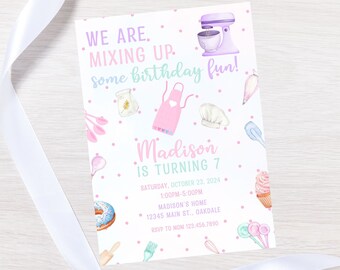 May include: A pink and white birthday invitation with a pink and white polka dot background. The invitation says "We are mixing up some birthday fun!" and "Madison is turning 7". The invitation also includes a variety of baking-themed illustrations, such as a mixer, a chef's hat, and a rolling pin.