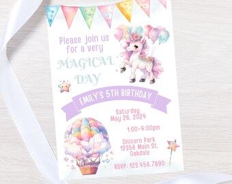 Könnte beinhalten: Eine bunte Einladung zu einer 5. Geburtstagsfeier mit einem Einhorn, einem Heißluftballon und Sternen. Der Text lautet "Bitte schließen Sie sich uns an für einen sehr magischen Tag, Emilys 5. Geburtstag, Samstag, 26. Mai 2024, 13:00-16:00 Uhr, Unicorn Park 12356 Main St. Oakdale, RSVP: 123.456.7890".