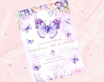 Editable butterfly birthday invitation-purple butterfly party invite-instant download