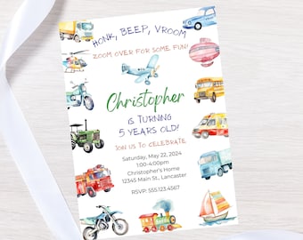 Transportation birthday invitation template-vehicle birthday invite-Instant Download