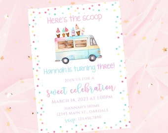 Editable ice cream theme birthday party invitation-Instant download