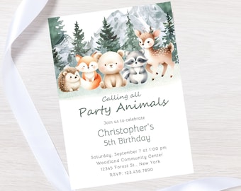 Convite editável para festa de animais da floresta - convite de aniversário selvagem - convite de aniversário de animais da floresta