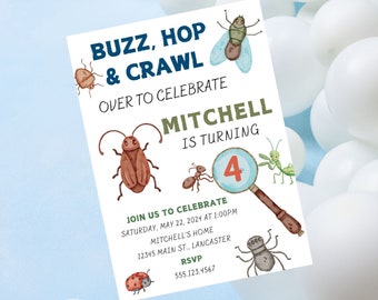 May include: A white invitation card with blue and green text that reads "Buzz, Hop & Crawl Over to Celebrate Mitchell is Turning 4". The card features illustrations of various insects, including a ladybug, a fly, a beetle, an ant, a grasshopper, and a spider.