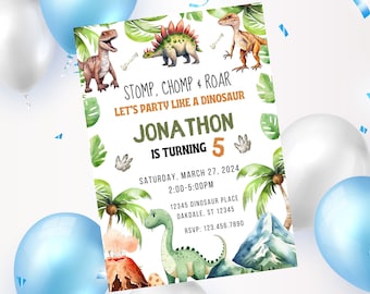 Bearbeitbare Dinosaurier-Geburtstagseinladungsvorlage - sofortiger Download