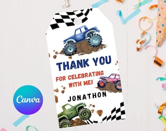 Editable monster truck thank you tag-birthday favor tags-truck thank you tags