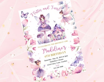 May include: A purple and pink fairy-themed birthday invitation with a whimsical illustration of fairies, mushrooms, and a small house. The text reads "Flutter and Twirl" and "Madeline's 4th Birthday".