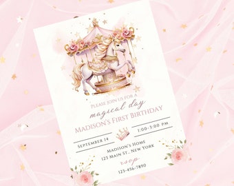 May include: A pink and gold carousel horse birthday invitation with a white background. The invitation features a pink and gold carousel horse with a pink and gold carousel in the background. The text on the invitation reads "Please join us for a magical day Madison's First Birthday September 14 1:00-3:00 PM Madison's Home 123 Main St., New York rsvp 123-456-7890".