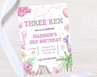 Editable girl dinosaur invitation-instant download
