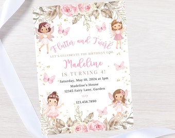 Puede incluir: Una invitación de cumpleaños rosa y dorada con un borde floral y tres hadas. El texto dice "Flutter and Twirl: Let's celebrate the birthday girl Madeline is turning 4!" con detalles para la fiesta.