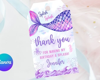 Etiqueta de agradecimiento de cumpleaños de sirena editable: etiqueta de regalo bajo el mar: descarga instantánea