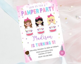 May include: A pink and purple invitation for a pamper party for a girl turning 5. The invitation features three cartoon girls getting facials and manicures. The text reads "Join us for a Pamper Party, Madison is turning 5!" and includes the date, time, location, and RSVP information.