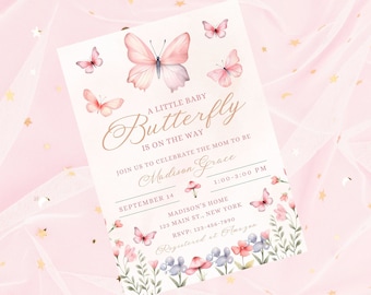 Invitación editable para baby shower con diseño de mariposas: invitación rosa para baby shower: descarga instantánea