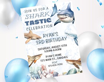 May include: A blue and white birthday invitation with a shark theme. The invitation says "Join us for a Shark Tastic Celebration" and "Ryan's 3rd Birthday". The invitation also includes the date, time, and location of the party.