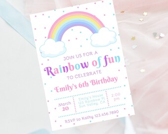 編集可能なレインボーバースデー招待状 - 即時ダウンロード