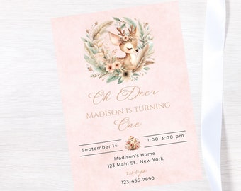 Editable Deer birthday invitation template-Deer birthday invite-woodland theme party invite-instant download